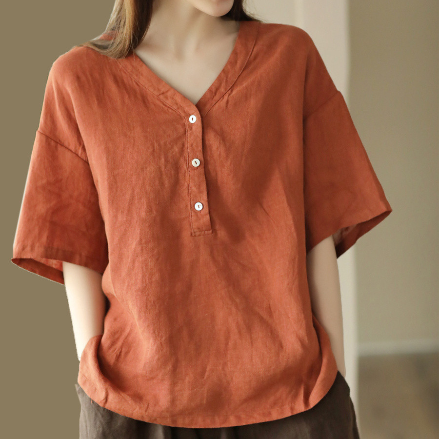 เสื้อเบลาส์ผู้หญิงผ้าฝ้ายและผ้าลินินคอวีแขนสั้นสีทึบเสื้อด้านบน