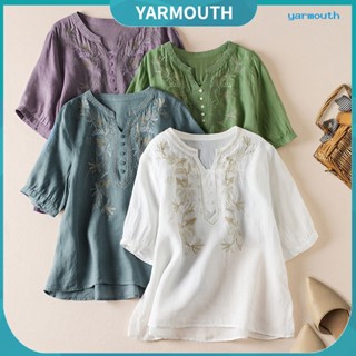 Yyr--เสื้อเชิ้ตแขนครึ่ง คอวี ปักลายดอกไม้ ทรงหลวม สไตล์เรโทร สําหรับผู้หญิง