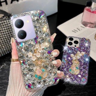 เคส Vivo Y27 5G Y36 Y22S Y02 Y16 Y22 Y35 Y02S Y21 Y33S Y33T Y2S Y21T Y20S Y20i Y12a Y12S โทรศัพท์มือถือ ลายดอกไม้ 3D ประดับพลอยเทียม แวววาว หรูหรา สําหรับ