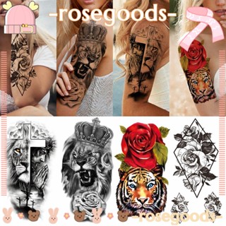 Rose รอยสักชั่วคราว ลายดอกไม้ กะโหลกนักรบ|ปลอกแขน ลายสิงโต หมาป่า ขนาดใหญ่ สําหรับสัก