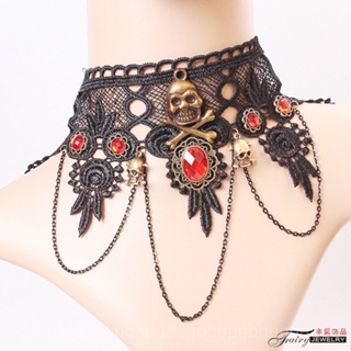 0908WSJ European and American Foreign Trade Lace Necklace Black Retro Skull Halloween Clavicle Strength Chain Ornament Y267 V9P4