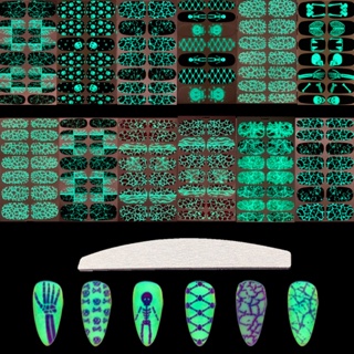 Jlnm สติกเกอร์เรืองแสง ลายกะโหลก มีกาวในตัว ระบายอากาศ สําหรับติดตกแต่งเล็บ เทศกาลฮาโลวีน