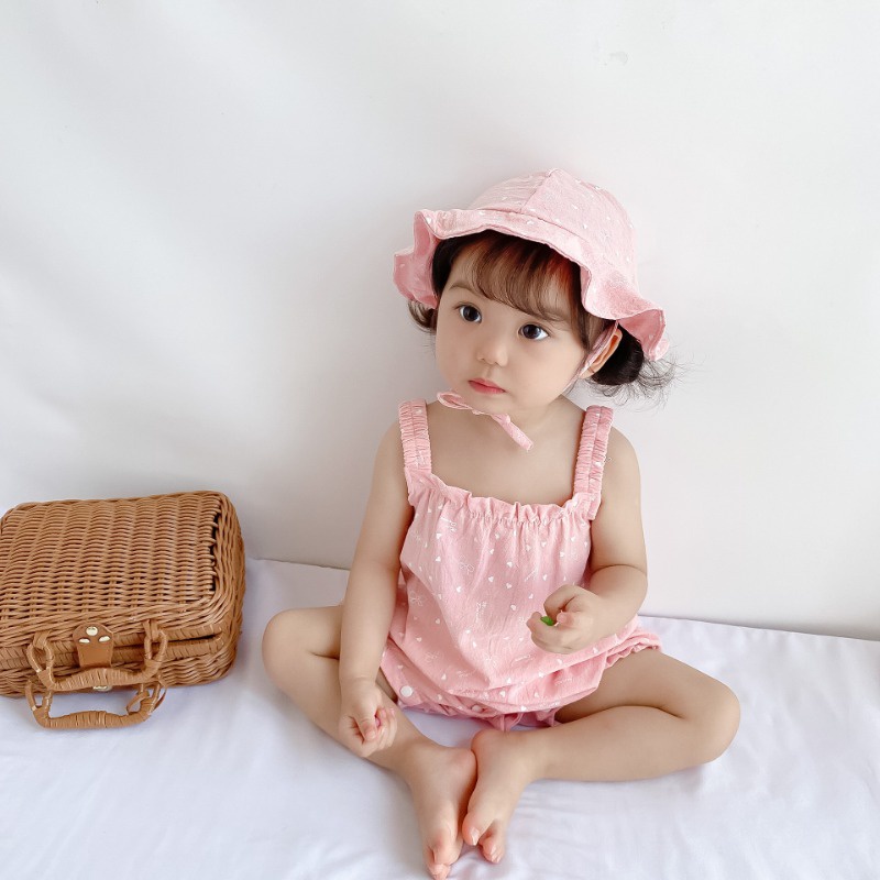 ชุดจั๊มสูทรอมเปอร์ แขนกุด ผ้าฝ้าย ลายดอกไม้ และหมวก แฟชั่นฤดูร้อน สําหรับเด็กผู้ชาย และเด็กผู้หญิง อายุ 0-2 ปี - รูปที่ 3