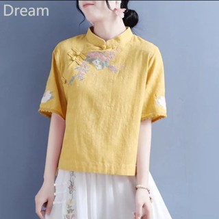 Cotton summer cotton linen jacquard white powder embroidered stand collar buckle short sleeve top womens Chinese style retro Zen tea suit