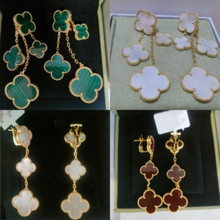 ของแท้ 100% VCA Carnelian ต่างหูเงินสเตอร์ลิง ชุบทอง รูปดอกโคลเวอร์ ประดับเพชร สีดํา