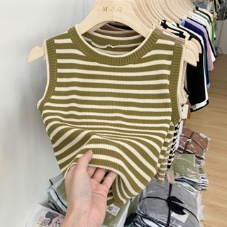 Luo เสื้อแขนกุด ผ้าเรยอนถัก ทรงหลวม ลายทาง สีเขียว สําหรับผู้หญิง