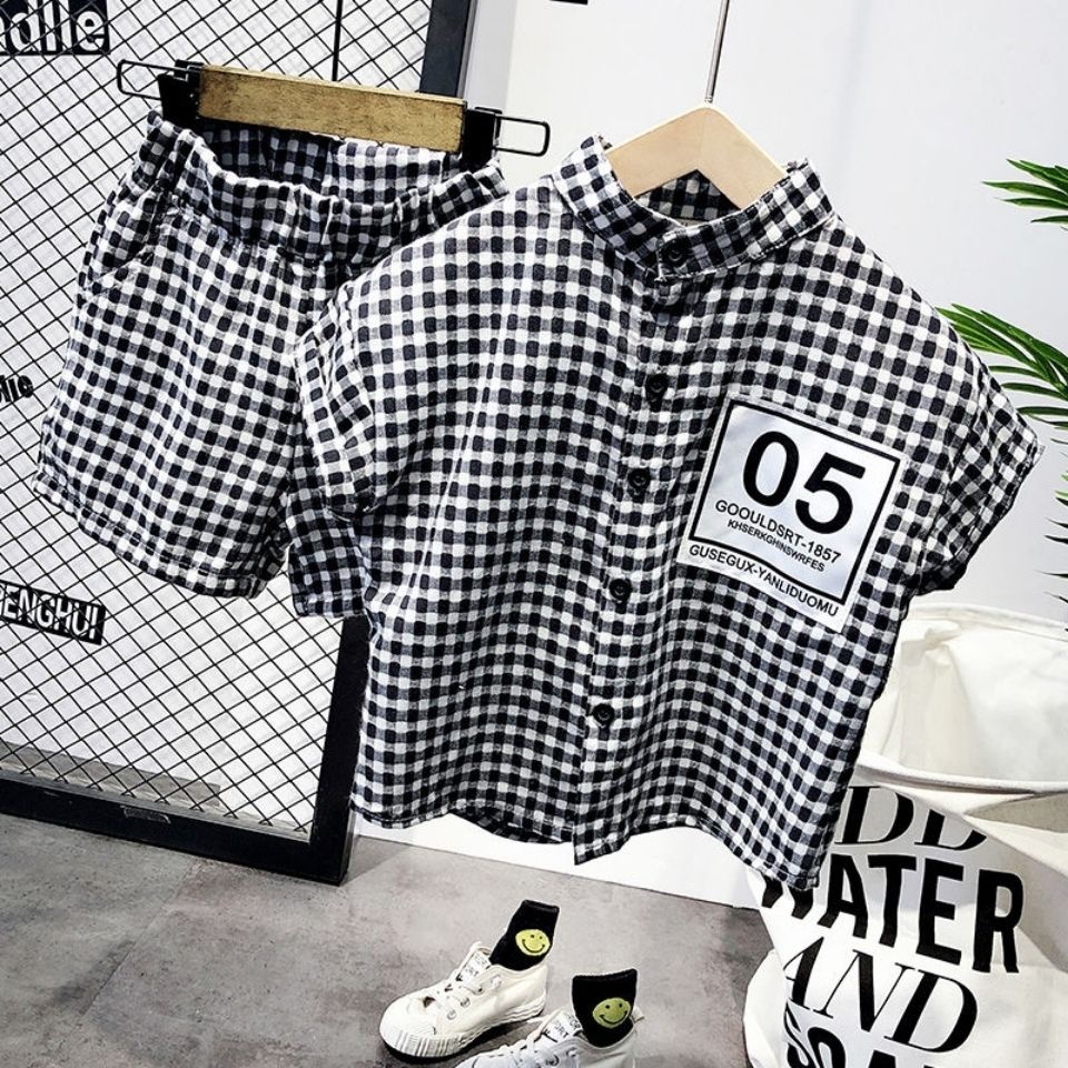 เสื้อเชิ้ตแขนสั้น ลายสก๊อต และกางเกงขาสั้น ลายสก๊อต สุดเท่ สําหรับเด็กผู้ชาย 2023