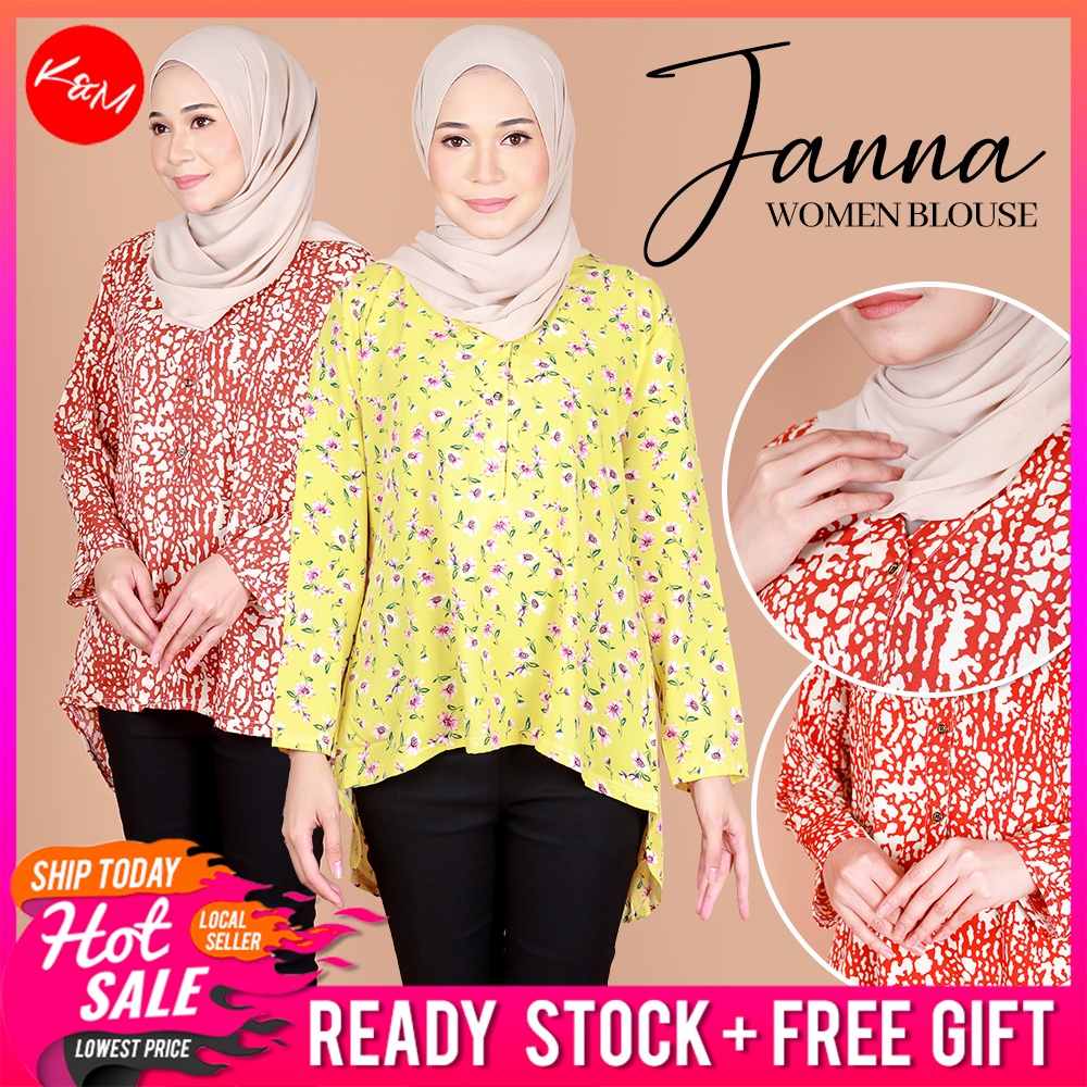 KM Ailaa Kemeja เสื้อเชิ้ตแขนยาวลายดอกไม้ Baju Blouse Wanita [B8766]