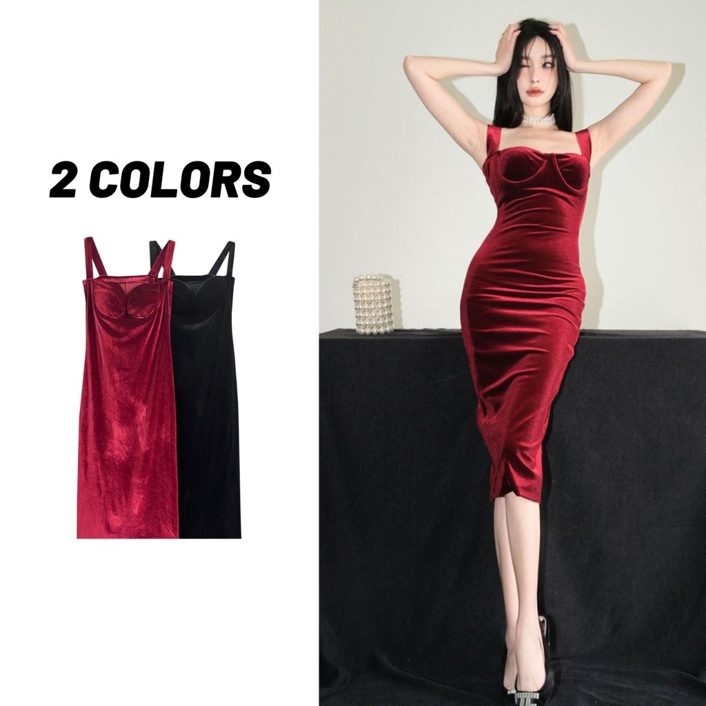 Sale80% ชุดเดรสกำมะหยี่ ทรงสายเดี่ยวใหญ่ 2 สี อกมีฟองน้ำเป็นทรง ชายผ่าหลังเล็กน้อย
