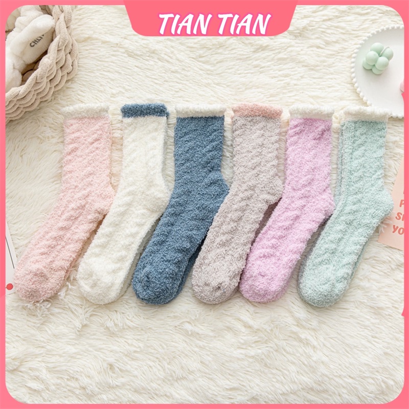 TIANTIAN T298 ถุงเท้า ผ้าฟลีซ แบบหนา ให้ความอบอุ่น สีพื้น แฟชั่นฤดูใบไม้ร่วง และฤดูหนาว สําหรับผู้หญิง