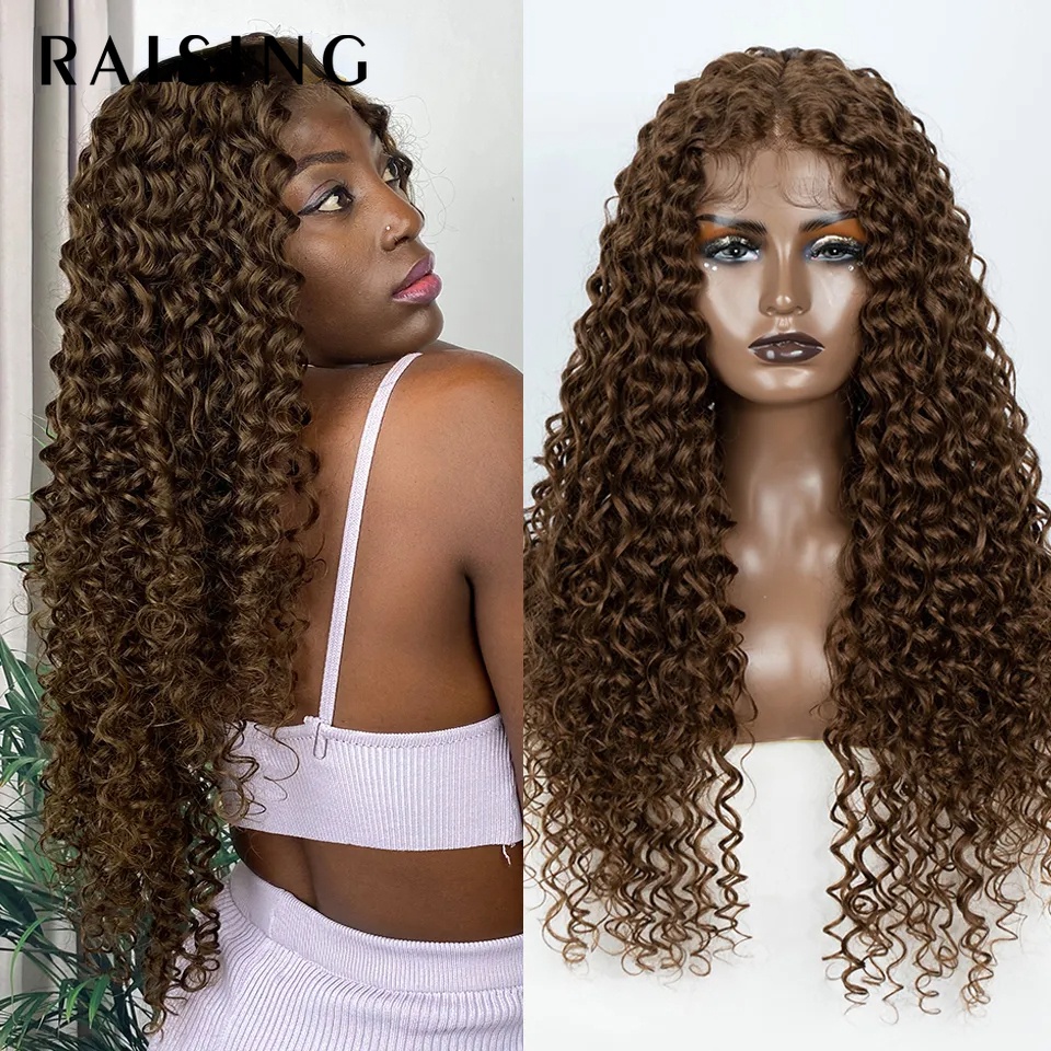 Raising วิกผมสังเคราะห์ หยิก ลูกไม้ด้านหน้า สีดํา สีน้ําตาลบลอนด์ สีแดง ทนความร้อน สําหรับผู้หญิง 30 นิ้ว