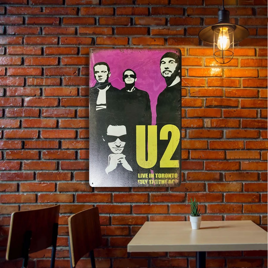 U2 Live Rustic Vintage โลหะดีบุกแผ่นผนังตกแต่ง 30x20 ซม