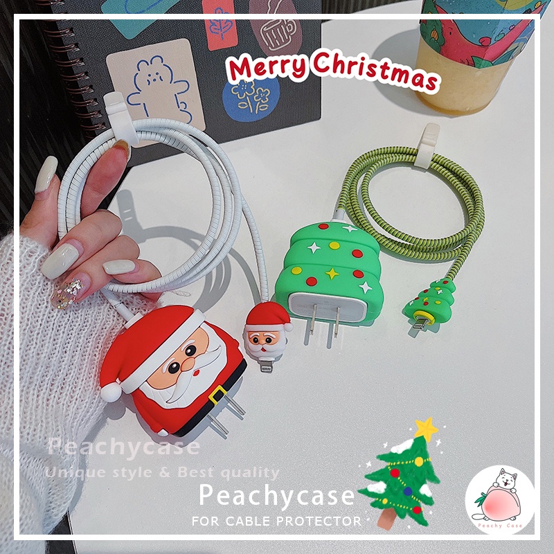Merry Christmas Tree ปลอกหุ้มสายชาร์จโทรศัพท์มือถือ ลายซานตาคลอส พร้อมสายเคเบิลกัด สําหรับ iPhone Apple 18W 20W