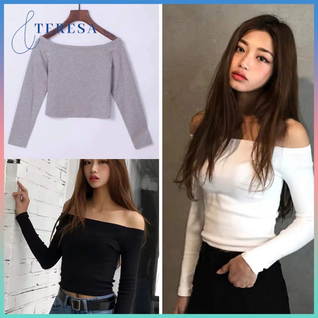 พร้อมส่ง เสื้อครอปเเขนยาวปาดไหล่สีพื้นสไตล์เกาหลีเรียบง่าย