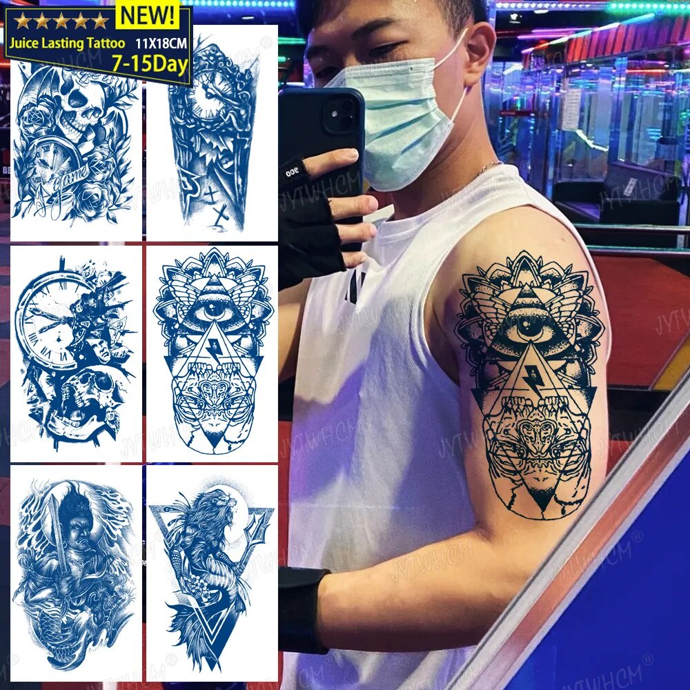 Men's Tattoos Pride Stickers 2 Weeks Long Lasting Semi Permanent Devil Eyes Clock Skull Body Art Tem