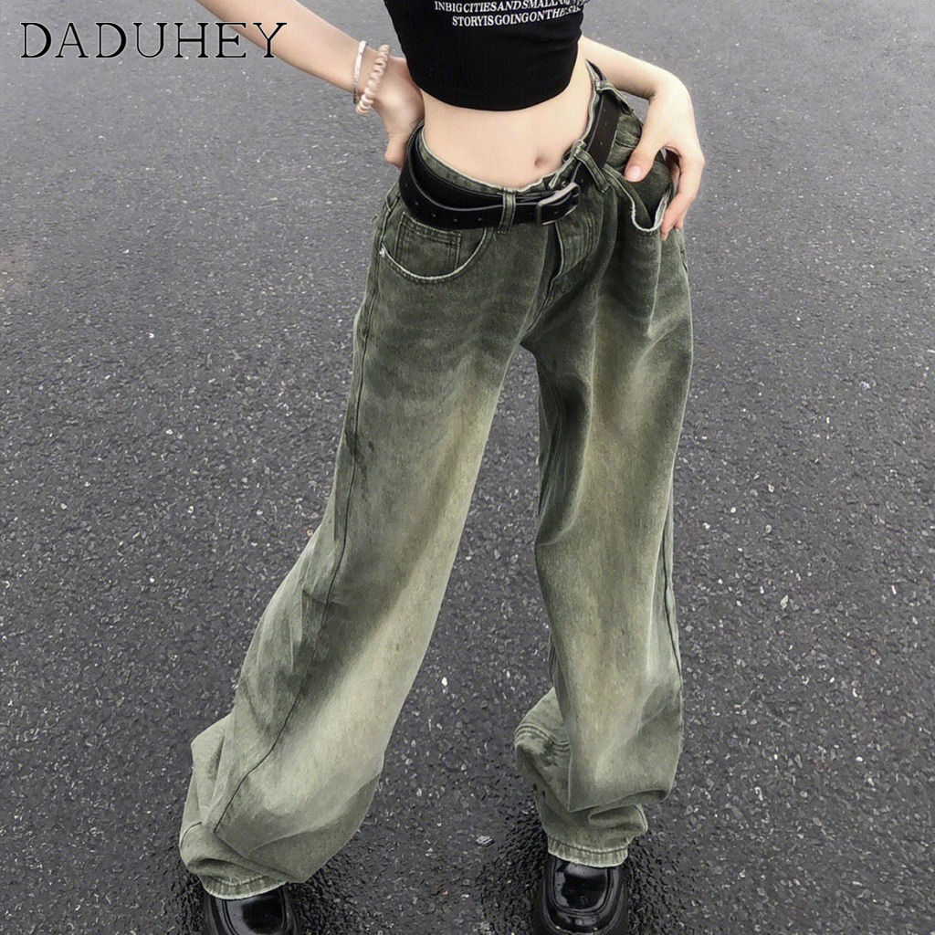 DaDuHey American Style Retro High Waist Slimming Mop Jeans Women's Straight Fashion Drape Wide-Leg Cargo Pants