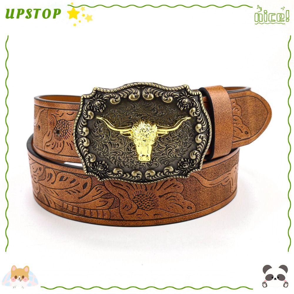 UPSTOPBO Mens Western Cowboy Belt, Bull Pattern Vintage Buckle Belt, Retro Wide PU Leather Waist Bel