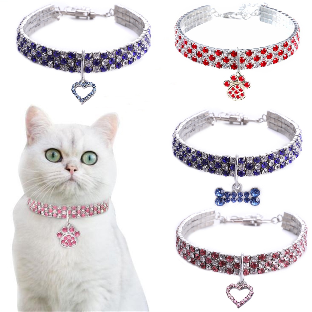 ปลอกคอ จี้คริสตัล พลอยเทียม รูปอุ้งเท้าหัวใจ สามารถปรับได้ หรูหรา สําหรับสัตว์เลี้ยง สุนัข แมว ขนาดเล็ก