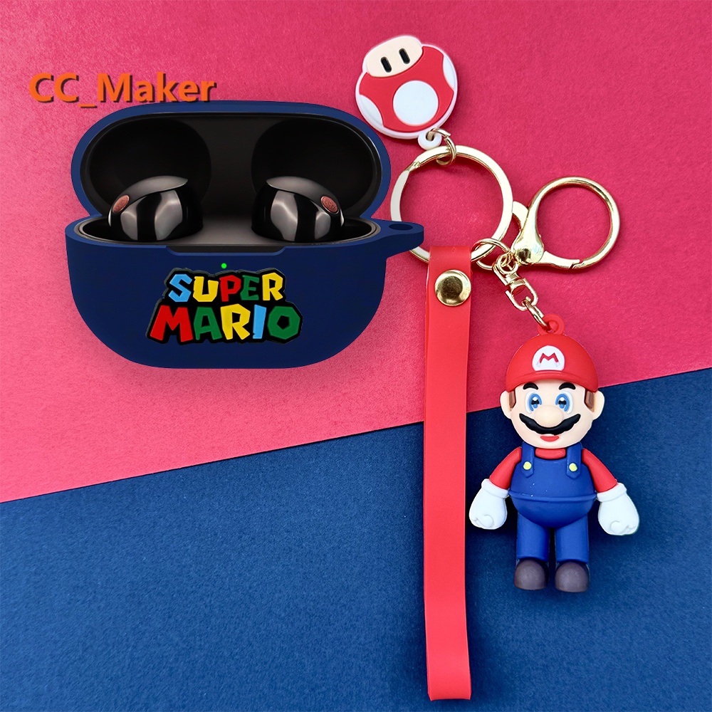For Sony WF-1000XM5 Case Cartoon Mario Keychain Pendant Sony WF-1000XM4 Silicone Soft Case One Piece