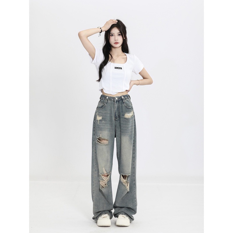 พร้อมส่ง jss124 กางเกงยีนส์ กางเกงกระบอก แต่งขาดเซอร์ๆ ทรงสตรีทเท่สุด แมทช์กับอะไรก็ปัง ทรงนี้กำลังฮิต ห้ามพลาดจ้า - รูปที่ 3