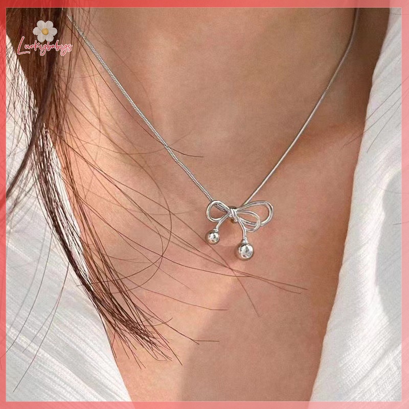 Luckybabys> สร้อยคอโซ่ จี้รูปโบว์ เรขาคณิต เรียบง่าย เครื่องประดับแฟชั่น สําหรับผู้หญิง