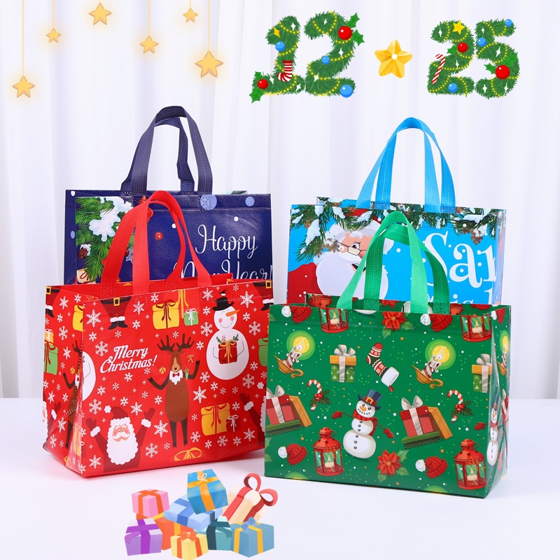 ถุงของขวัญ ถุงขนมคุกกี้ พิมพ์ลายซานตาคลอส กวางเอลก์ สโนว์แมน ขนาด 33*25*17 ซม.