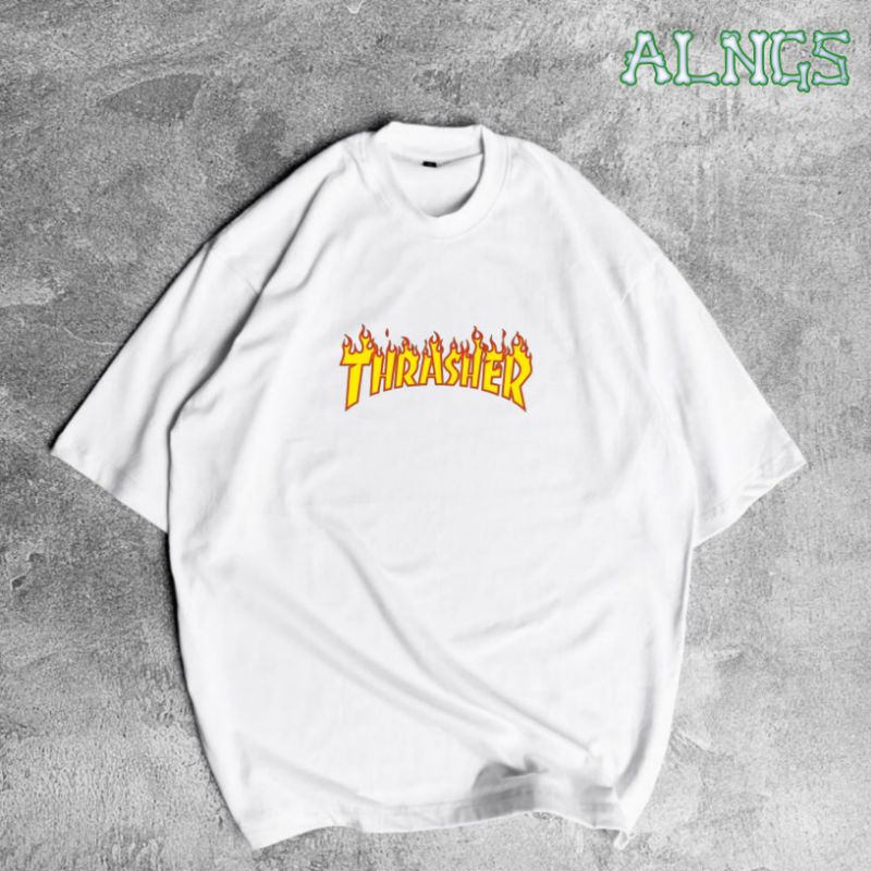 ไฟ! เสื้อยืด พิมพ์ลายนิตยสาร Thrasher FLAME SKATE | เสื้อเชิ้ต Thrasher สีขาว