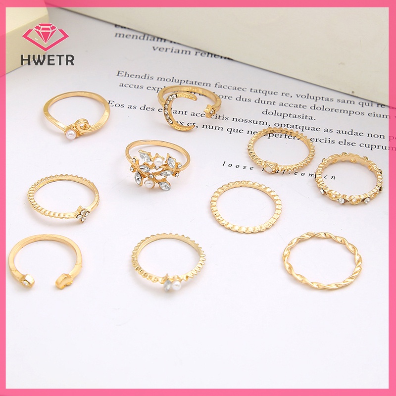 Hwetr แหวนแฟชั่น รูปดาว ดวงจันทร์ ใบไม้ ประดับมุก สีทอง สไตล์วินเทจ 10 ชิ้น