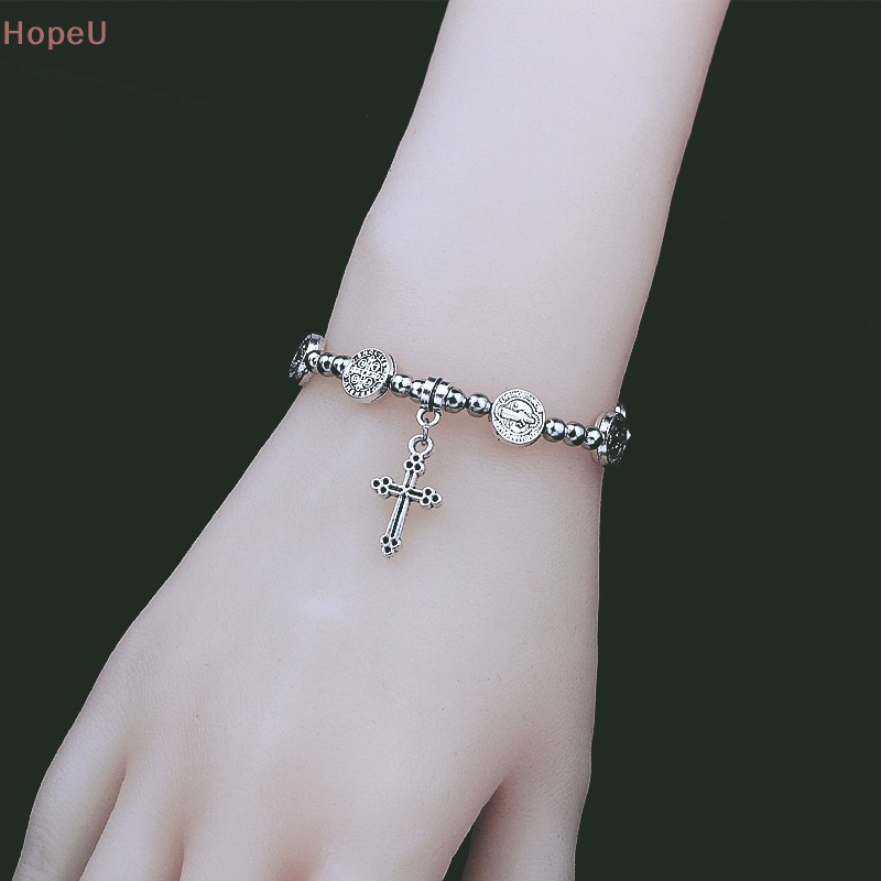 [HopeU] สร้อยข้อมือลูกปัด รูปไม้กางเขนพระเยซู สีเงิน สไตล์เรโทร เครื่องประดับสําหรับของขวัญคริสเตียน