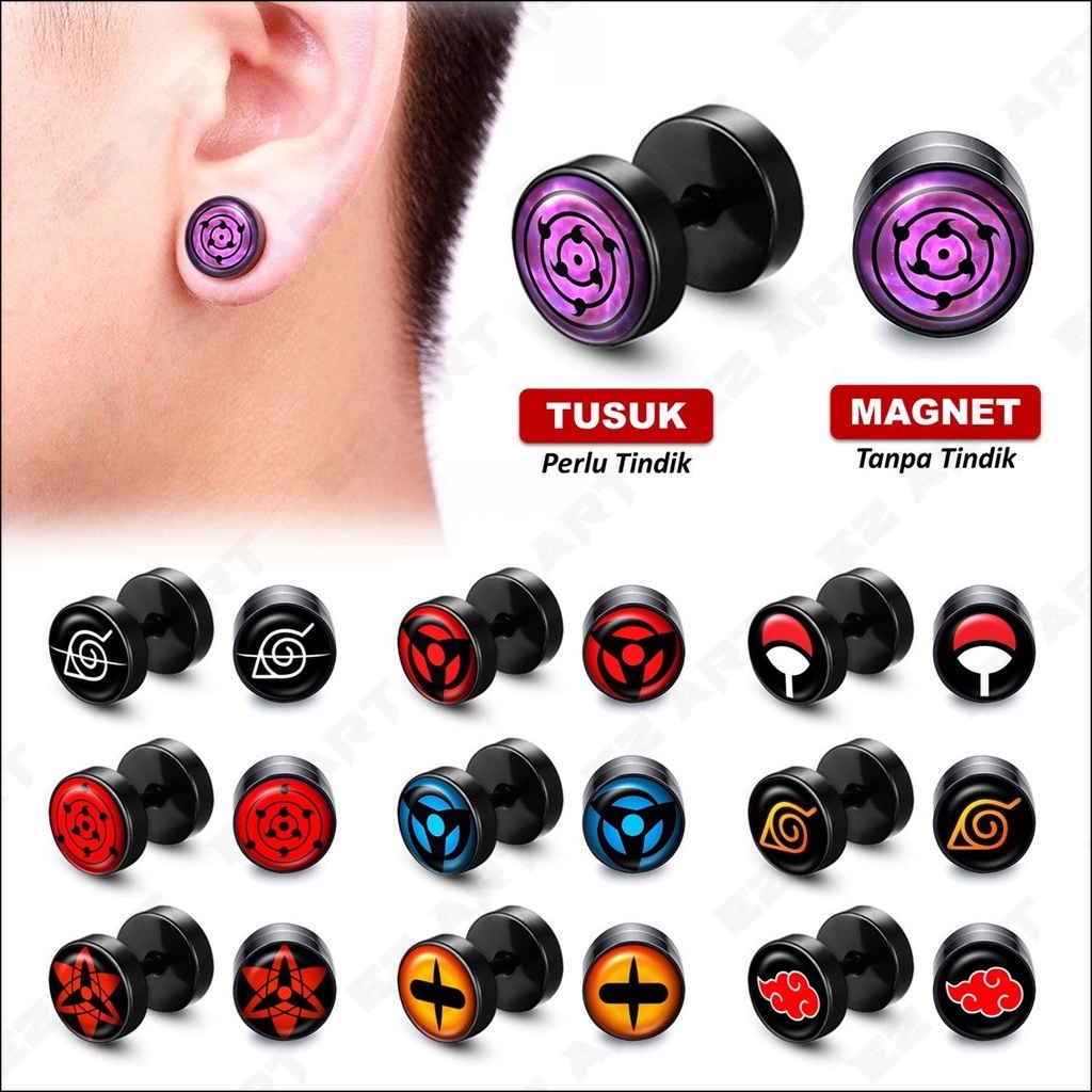 Hitam MATA 1 ชิ้น Naruto Anime Magnetic ต่างหู Sharing Eyes Rinnegan Barbell Pins รอบล้อสแตนเลสสีดําป้องกันสนิมชายหญิง [EZArt]