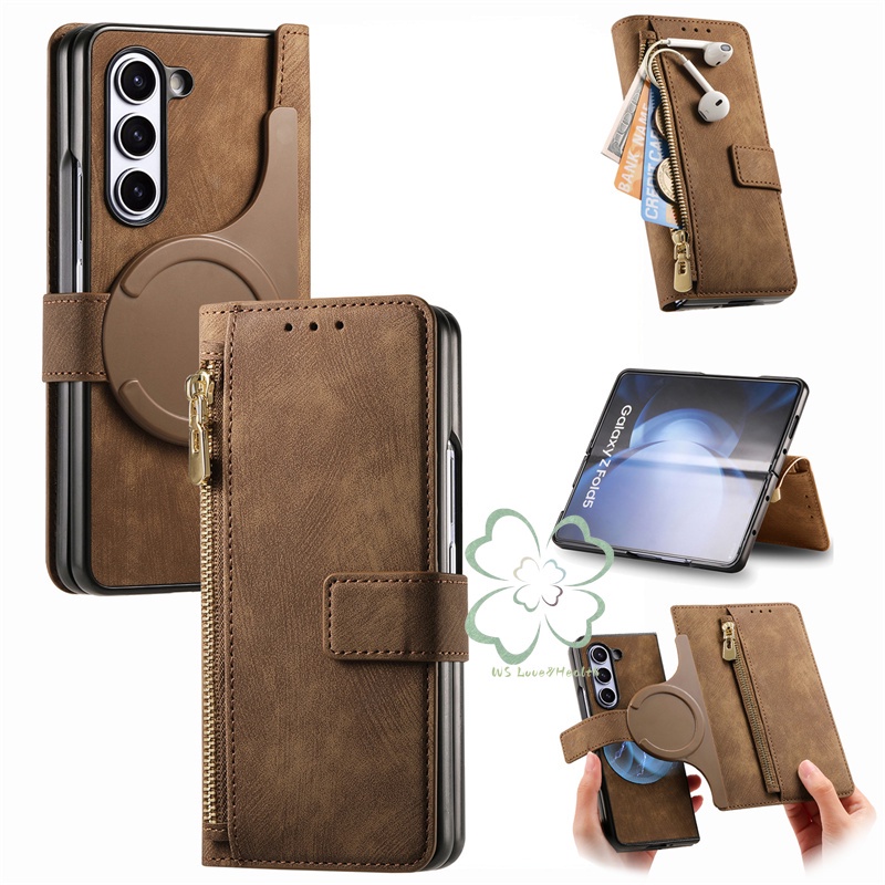 กระเป๋าสตางค์แม่เหล็กแบบถอดได้ขาตั้งหนังเคสเคส Samsung Galaxy Z พับ 6 Z พับ 5 Z พับ 4/3 การ์ดกระเป๋าสตางค์เชลล์