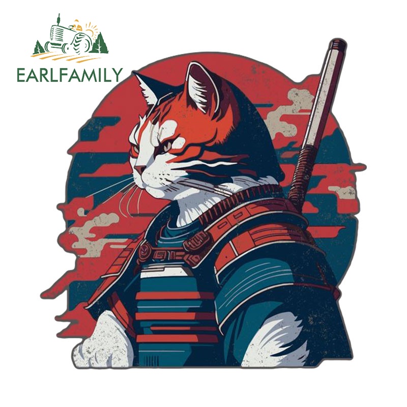 Earlfamily 13 ซม.Samurai Cat สติกเกอร์รถรถจักรยานยนต์หมวกนิรภัยกระจกแล็ปท็อปไวนิลกันน้ํา JDM Decal DIY Scratch-Proof จัดแต่งทรงผมรถ