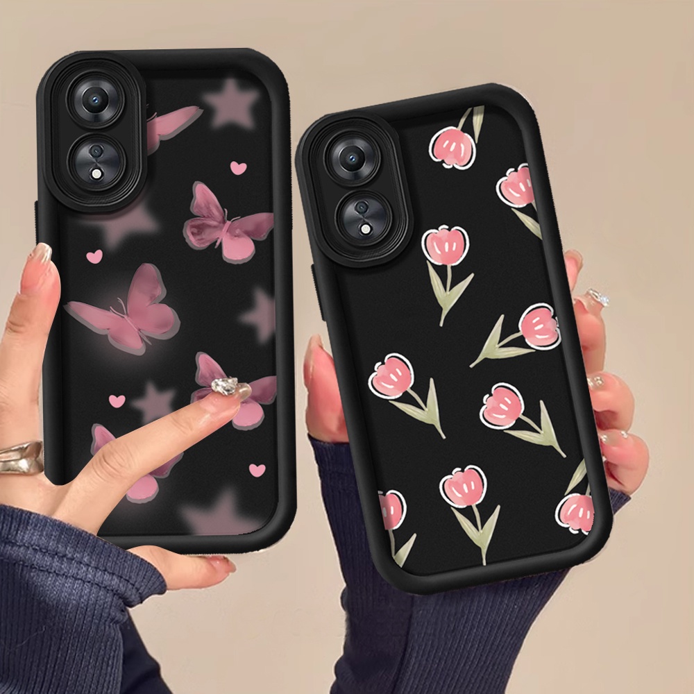เคสโทรศัพท์มือถือแบบนิ่ม ลายผีเสื้อ ดอกทิวลิป สีชมพู สําหรับ OPPO A18 A38 A78 A58 Reno 8T A57 2022 A17 A16 A16K A16E A15 A15S A54S A3S A5S A12E A12 F9 A31 A92 A52 A53 A33 A32 A54