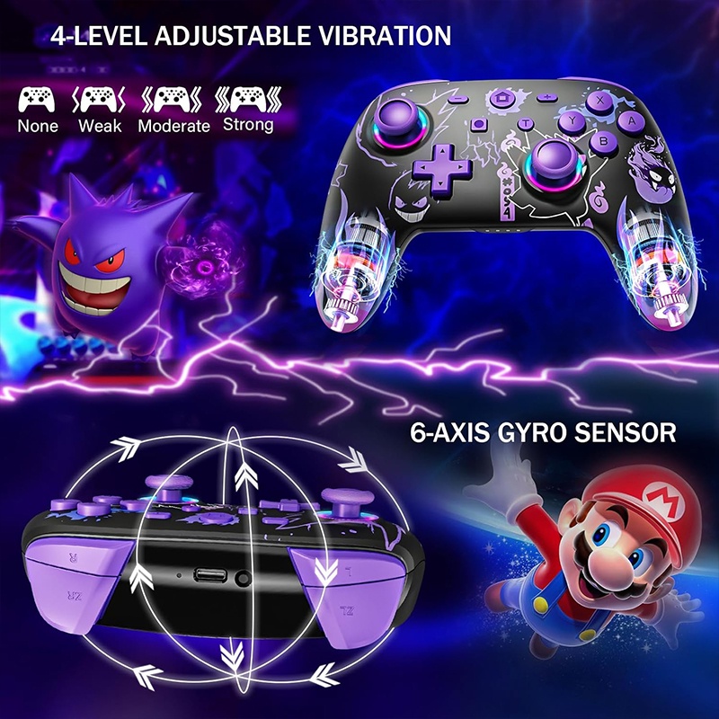 จอยสติ๊กควบคุม แบบไร้สาย สําหรับ Nintendo Switch OLED Lite พร้อมจอยสติ๊ก LED Motion Vibration Turbo Wakeup Gengar
