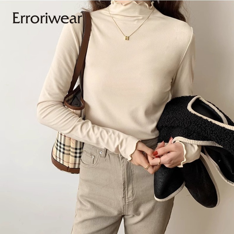 Erroriwear ผู้หญิงs เชื้อราขอบเสื้อยืดการออกแบบความรู้สึกคอเต่ากํามะหยี่บางด้านล่างเสื้อแขนยาว