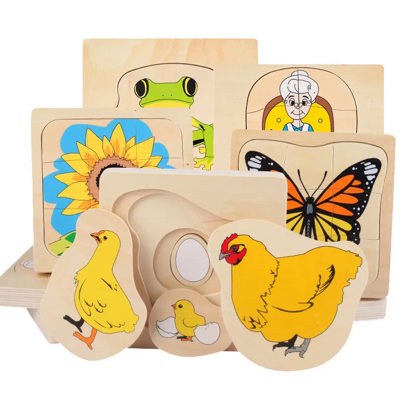 Wooden Kids Animal/ Plant Life Cycle 3D Puzzle Toy Montessori Teaching Aids Multi-Layer Jigsaw Early