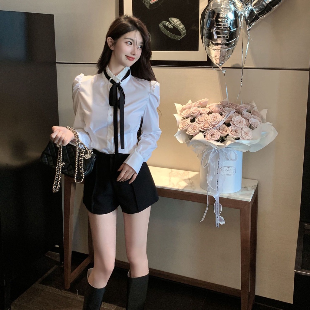 เสื้อเชิ้ตแขนยาว แขนพัฟ เข้ารูป เอวแคบ ดูชิค เหมาะกับฤดูใบไม้ผลิ สไตล์ใหม่ สําหรับผู้หญิง
