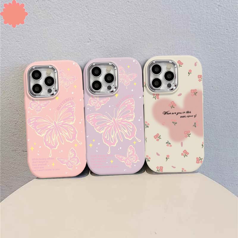 เคส iphone hone 12 13 PRO 14 15 plus 15 PRO MAX ผีเสื้อสีสันสดใสและดอกไม้เล็กป้องกันการตก, ป้องกันการตก, เลนส์ป้องกันสิ่งสกปรก, กรอบโลหะ, เคสโทรศัพท์ซิลิโคนอ่อนนุ่ม