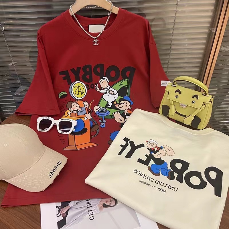 ฤดูร้อนใหม่สไตล์อเมริกันย้อนยุคป๊อปอายแขนสั้นเสื้อยืดผู้หญิงใหม่รอบคอด้านบนสบายๆหลวมที
