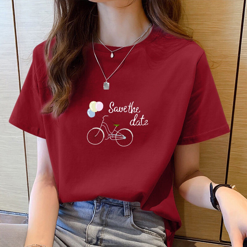 เสื้อยืดคอกลม แขนสั้น ทรงหลวม สีแดง แฟชั่นสําหรับผู้หญิง