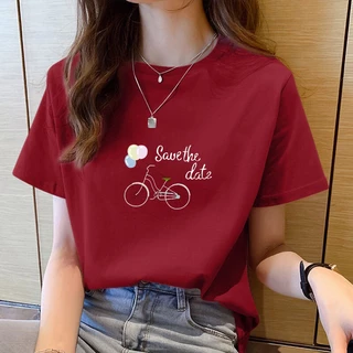 เสื้อยืดคอกลม แขนสั้น ทรงหลวม สีแดง แฟชั่นสําหรับผู้หญิง