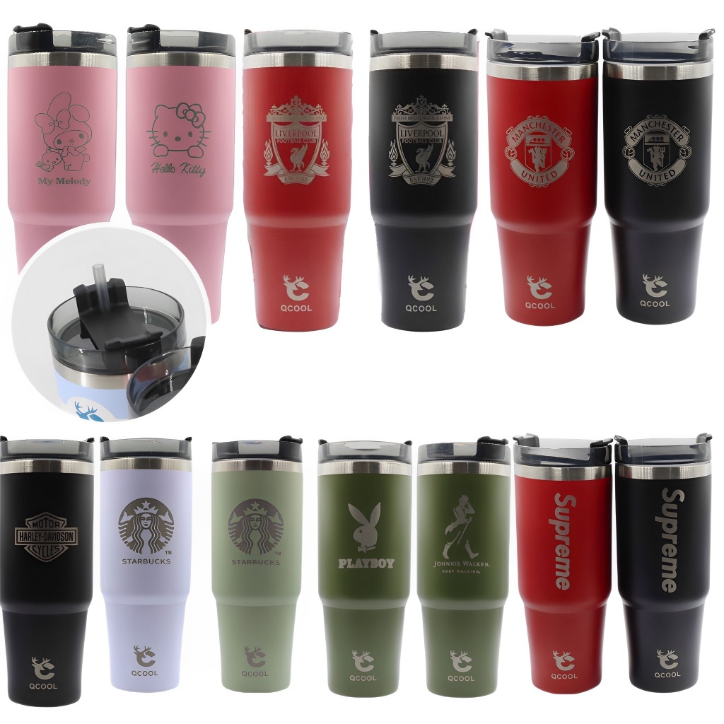 QCOOL แถมหลอด+ฝา+ยางรอง แก้ว 30oz/900ml งานเลเซอร์ เนื้อทราย