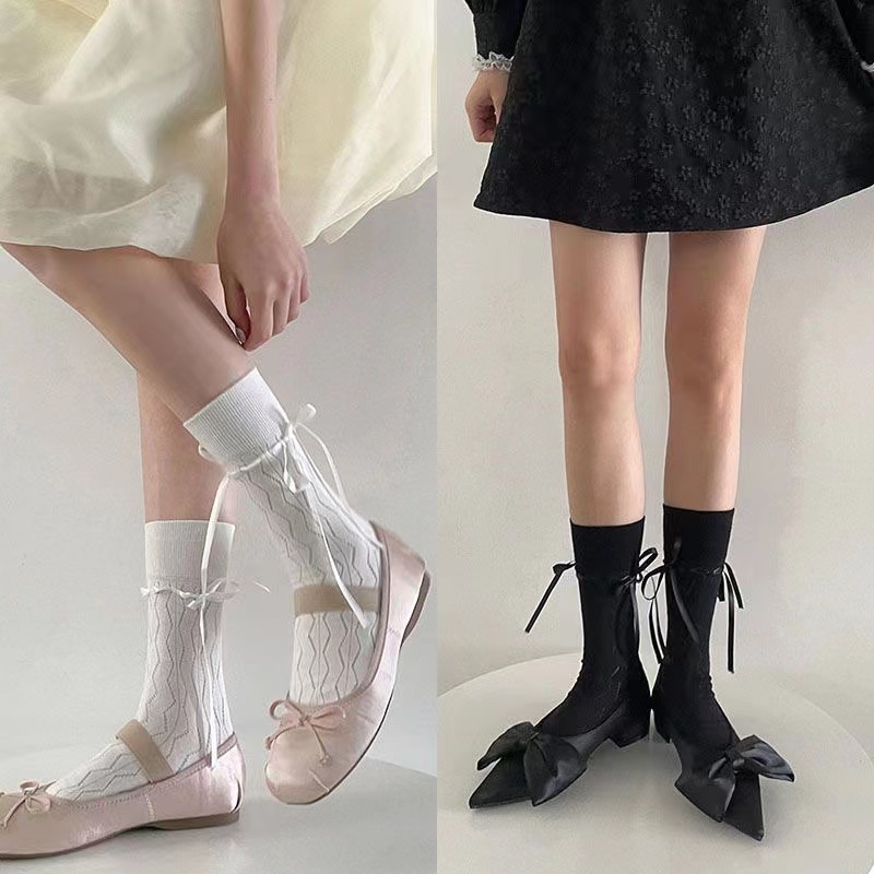 🧦พร้อมส่งจากไทย🧦ถุงเท้าแฟชั่นสตรี ถุงเท้า JK แต่งโบว์ สไตล์ญี่ปุ่น สไตล์บัลเล่ต์
