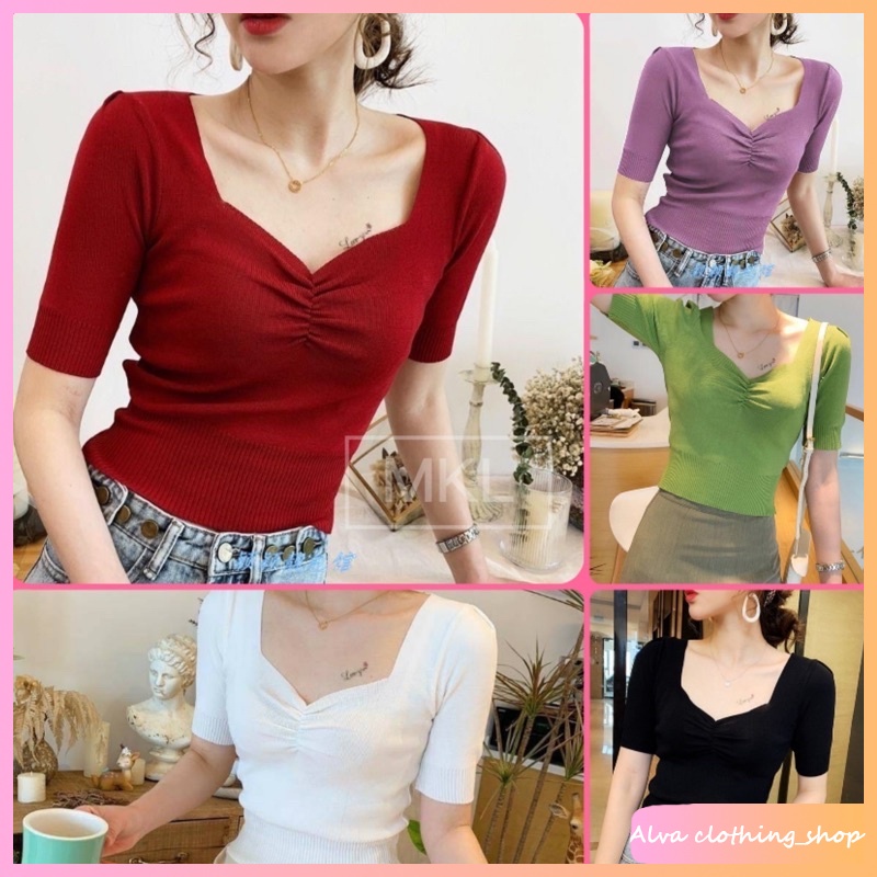 🎀Alva🎀พร้อมส่ง🚚 เสื้อครอปไหมพรมคอเหลี่ยม รอยเย็บตรงหน้าอก แขนสั้น #A058