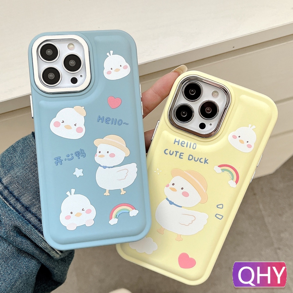 Qhy - เคสโทรศัพท์มือถือ แบบหนา ลายการ์ตูนเป็ดน่ารัก สีฟ้า สีเหลือง สีเงิน สําหรับ iphone 15 14 7 8 plus xs XR 11 12 13 pro max
