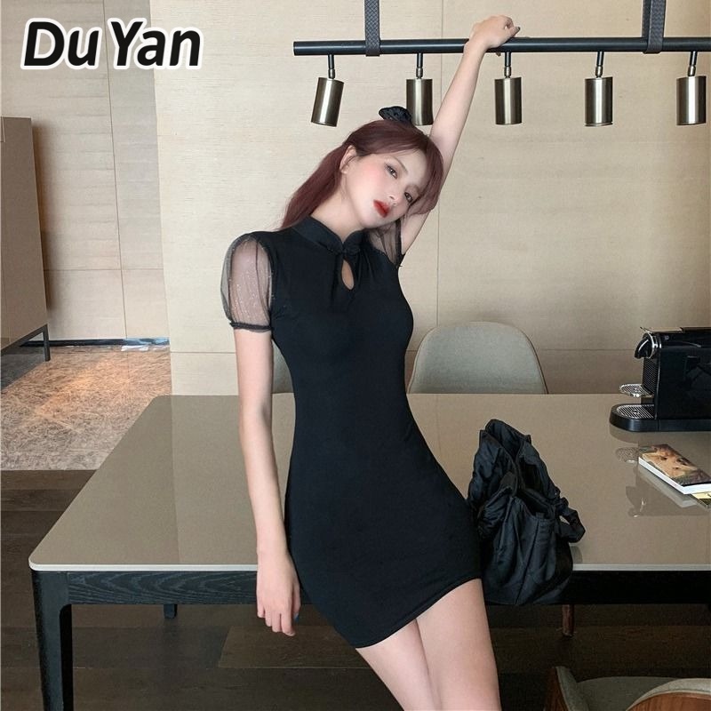 Du Yan ชุดเดรสกี่เพ้า แขนพัฟสั้น สีดํา สไตล์ฝรั่งเศสย้อนยุค สําหรับเด็กผู้หญิง