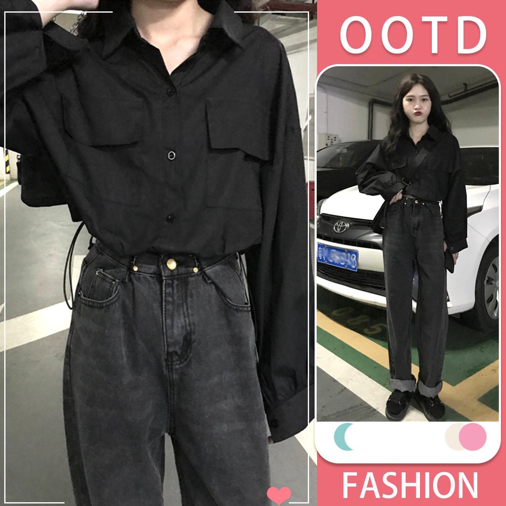 mimni&didi.เสื้อเชิ้ตผู้หญิง แขนยาว เสื้อครอปทรงสวยลำลองสีดำ แฟชั่น แต่งกระเป๋าสองข้างมีเชือกรุดตรงชายเสื้อ#W299
