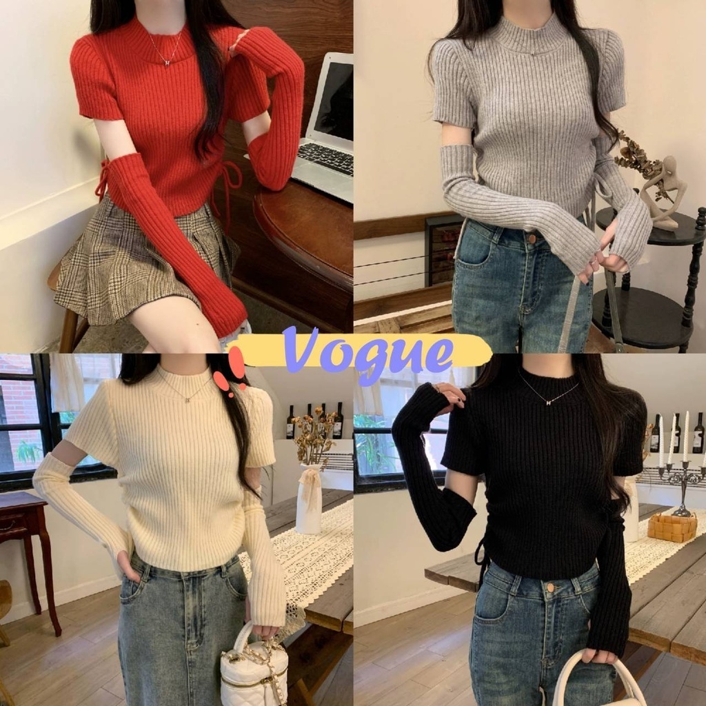 Vogue🌟พร้อมส่ง🌟 เสื้อไหมพรมแขนสั้น คอกลม แถมปลอกแขน น่ารัก (B03)