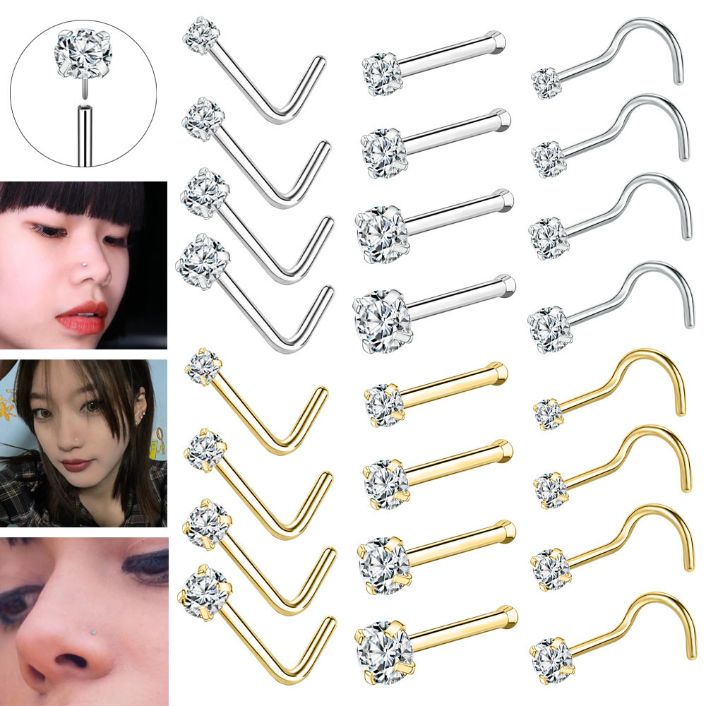1 ชิ้น S925 เงินเจาะจมูก 18G/20G เจาะจมูกคริสตัล Nostrail เจาะ L/S/I Pole รูปร่างเจาะจมูก 2/2.5/3/3.