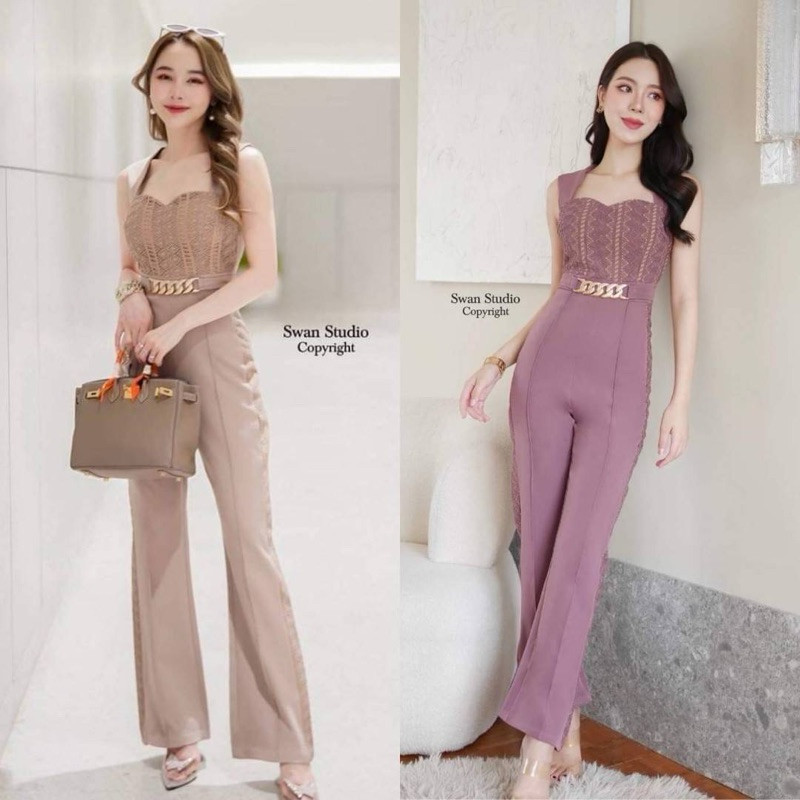 Hiso l (พร้อมส่ง) Swan23 จั้มสูทขายาว เรียบหรู ไฮคลาสสุดๆ กางเกงตัดต่อด้วยผ้าลูกไม้ มีเข็มขัดสีทองช่